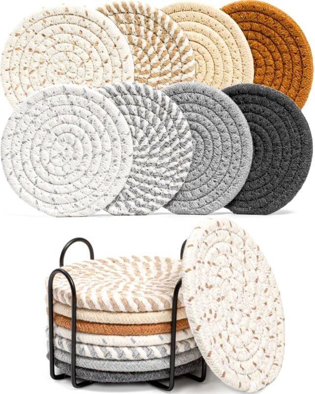 Untersetzer-Set mit 8 Stück mit Halter, 8 saugfähige Farben für Getränke, minimalistische, aus Baumwolle gewebte Getränk...