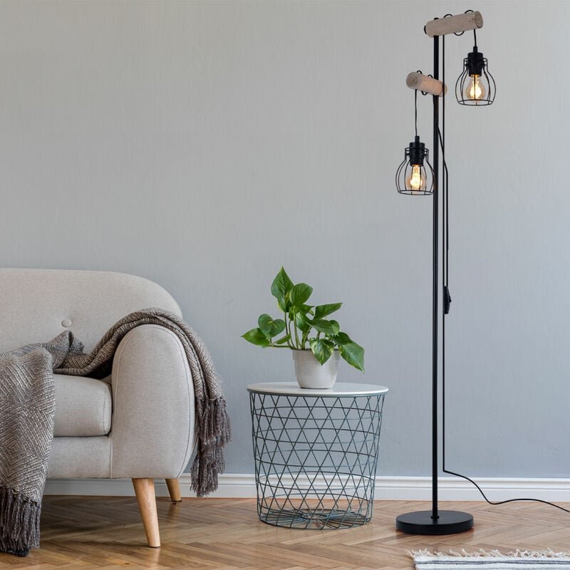 Stehlampe Vintage Holz Stehleuchte Industrial Design Standleuchte Retro, höhenverstellbar mit Drahtschirmen, schwarz Met...