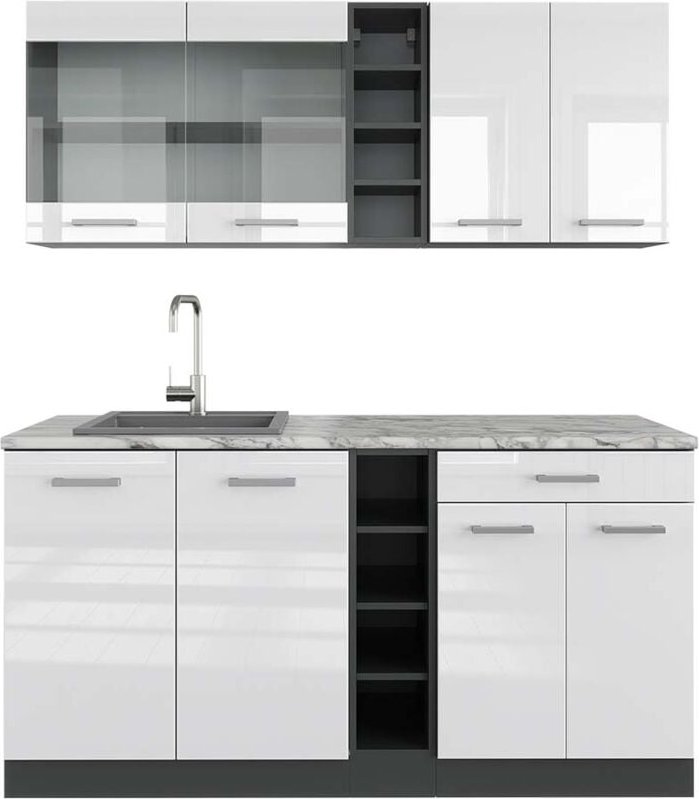 Singleküche R-Line, Weiß Hochglanz/Anthrazit, 160 cm , AP Marmor, Vicco