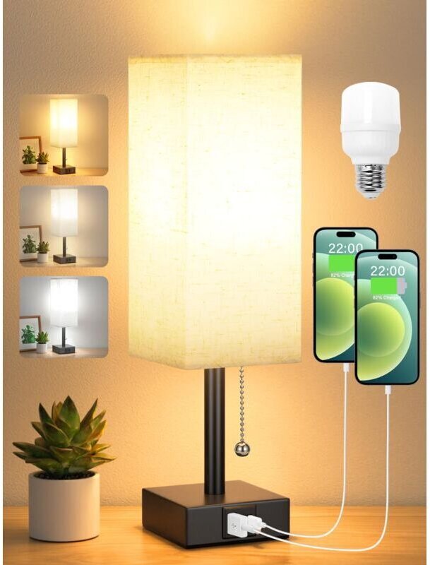 Lampe de Chevet à Intensité Variable 3 Couleur (3000/4000/5000K) avec Ports de Charge USB-A+C Ampoule LED Interrupteur à...