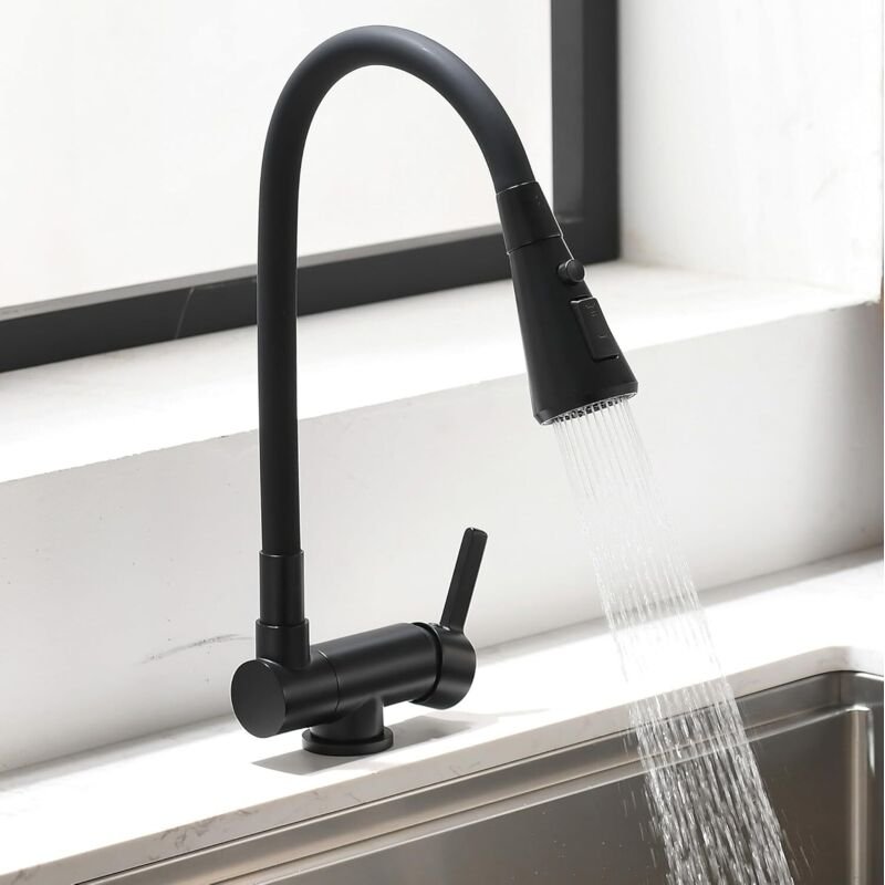 Klappbare Küchenarmatur, 3 Strahlarten, Küchenspülen-Mischbatterie aus Messing (schwarz) mit 360° schwenkbarem Auslauf