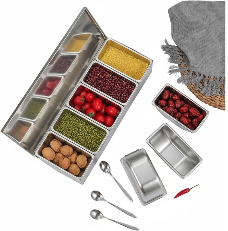 Pizza Zutatenbehälter aus 304 Edelstahl mit 5 Fächern, Gekühlter Gewürzbehälter mit Deckel Pizzastation Belagstation Obs...