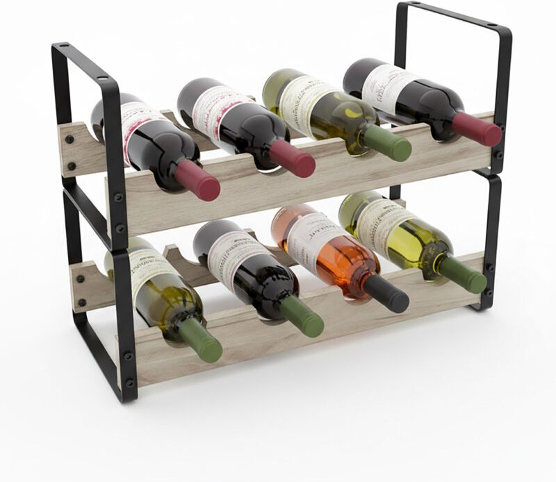 Relaxdays Weinregal, 8 Flaschen, Metall, Holz, HxBxT: 29 x 39,5 x 17,5 cm, Weinhalter stehend, Küche, Bar, schwarz/natur