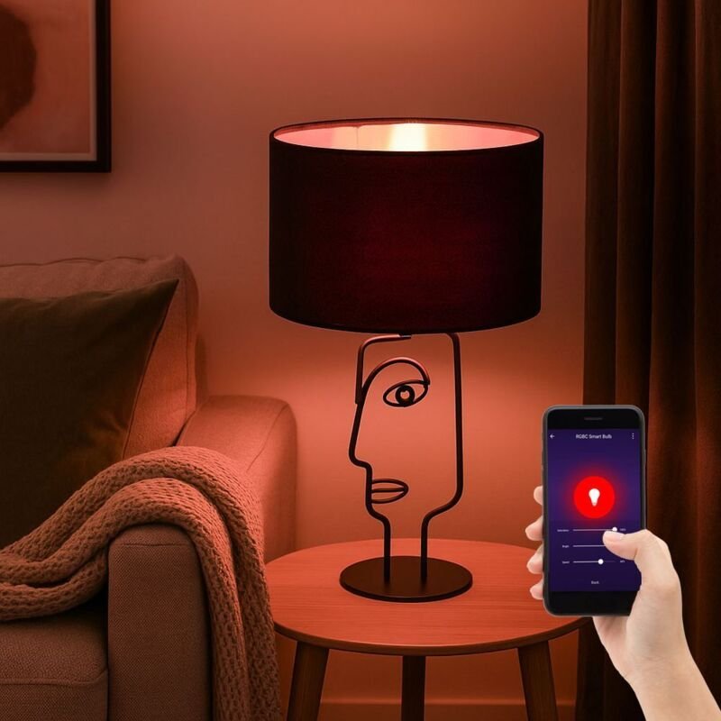 Smart led Tischlampe Tischleuchte Nachttischlampe Leseleuchte Beistelllampe, schwarz Textil Gesicht-Design, dimmbar App ...