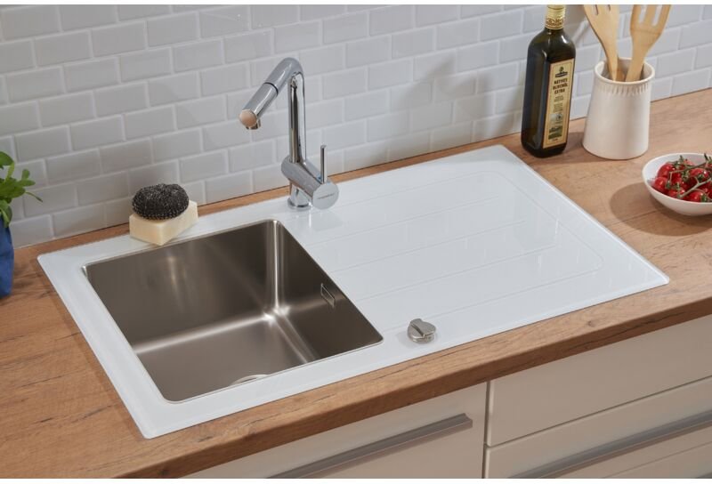 Küchenspüle Glas Einbauspüle Edelstahl Spüle 86 x 50 Weiß Respekta New York