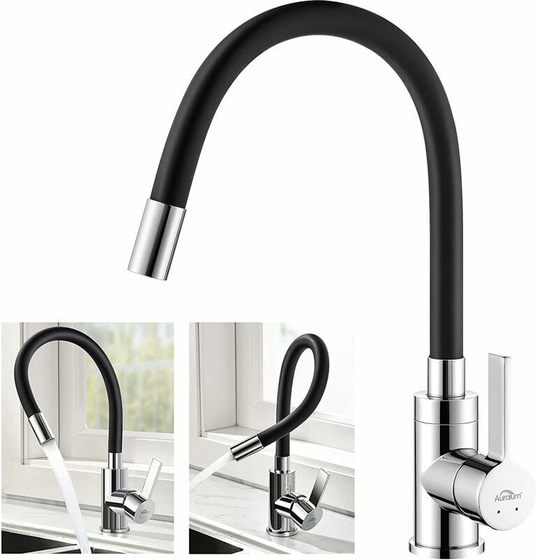 Thumbnail - Kaibor - Auralum Hochdruck Küchenarmatur Schwarz, flexibler 360° Drehbar Wasserhahn Küche Spültischarmatur mit Wasserspa...