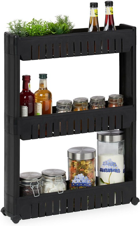 Nischenwagen, 3 Ablagen, schmales Nischenregal Bad & Küche, hbt 71x12,5x54 cm, Rollregal Kunststoff, schwarz - Relaxdays