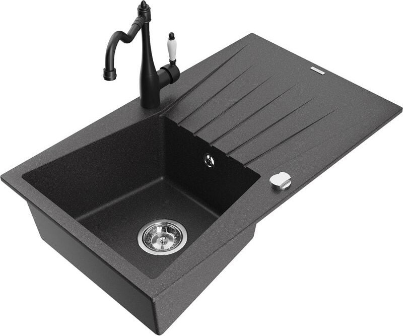 Cesar 1 Becken-Granitspüle mit Abtropffl√§che und Mischbatterie Carla, Schwarz gesprenkelt - 6514-76-670700-70 - Mexen