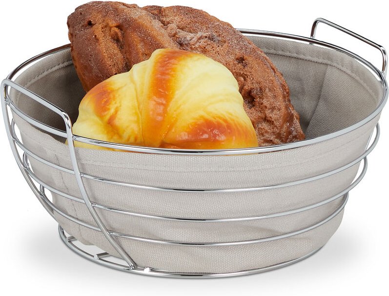 Relaxdays Brotkorb Metall, mit entnehmbarem Stoffeinsatz, rund, Frühstückskorb für Brot & Brötchen, Ø 23 cm, grau