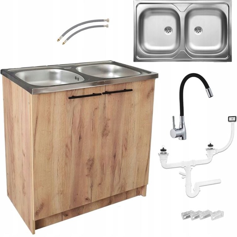 STAMAR Küchenschrank 80 cm - Eiche gold - 2 Becken Spüle - Flexibler Wasserhahn - Einfache Montage