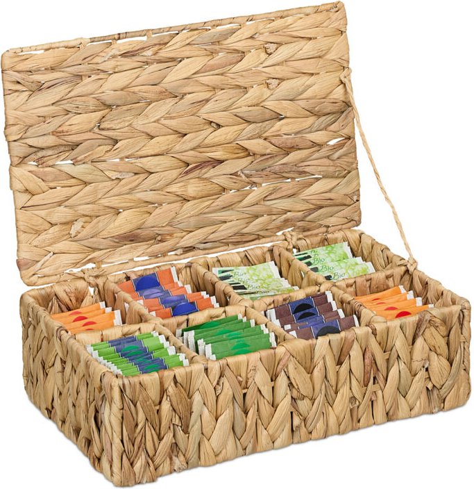 Relaxdays - Teebox, 8 Fächer, 110 Teebeutel, geflochtener Tee-Organizer, HxBxT: 10 x 33 x 20,5 cm, Wasserhyazinthe, natu...