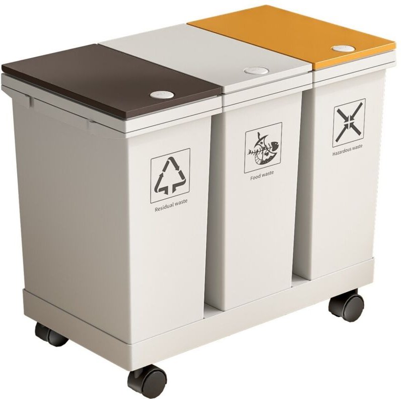 20L 3-Compartment Rolling Trash Can with Wheels, 16 Gallon