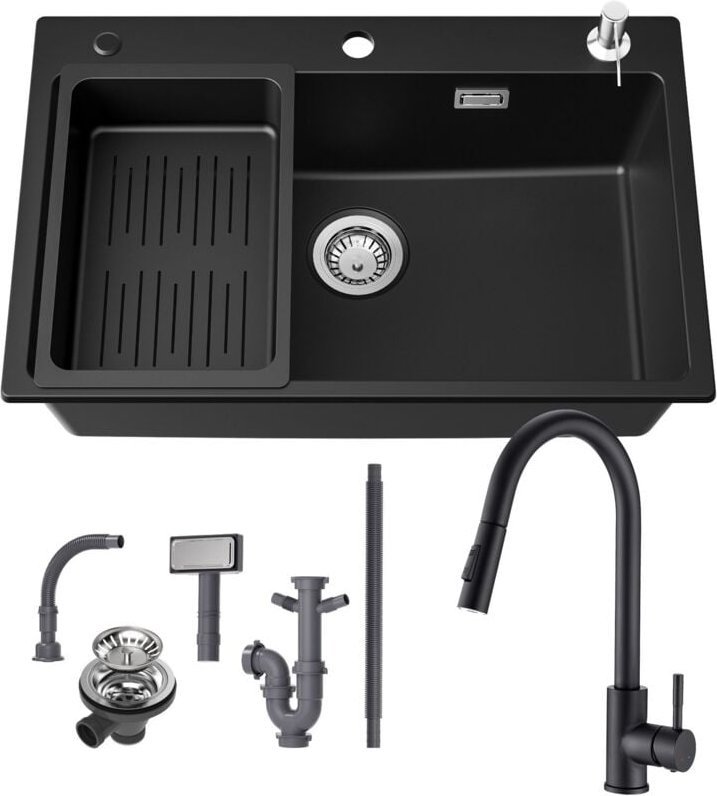 Granitspüle 70×45 cm Küchenspüle Granit + Ausziehbare Küchenarmatur(Höhe 410mm), Aufsatz Spüle mit Abtropfkorb und Seife...