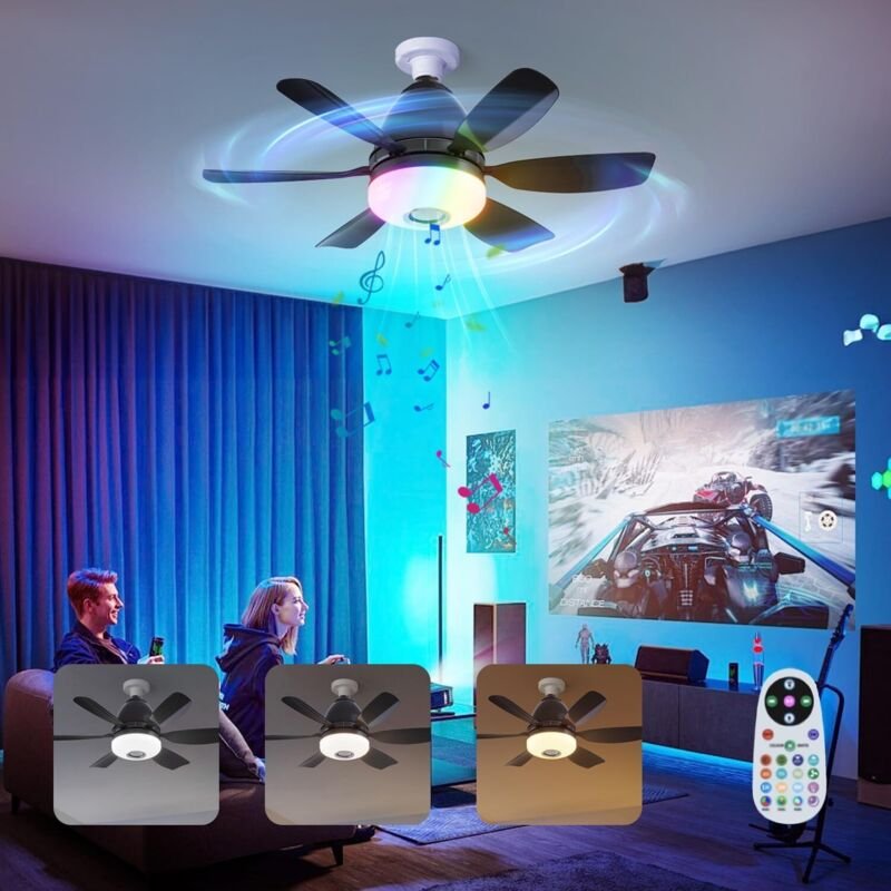 Roadtime 47 cm RGB-Deckenventilator mit Licht, 32 w, E27-Sockel, dimmbarer Deckenventilator mit 3 Geschwindigkeiten, 6 F...