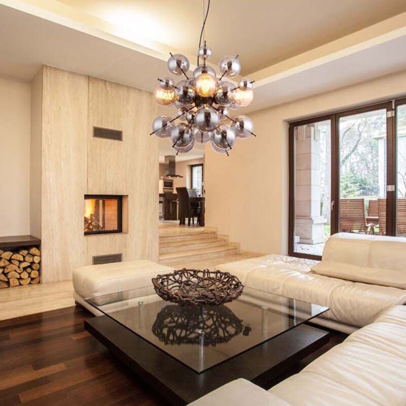 Pendelleuchte 4 flammig Deckenleuchte Hängelampe Wohnzimmerlampe Glaskugel rauchfarben schwarz, Metall Glas, 4x E27 Fass...