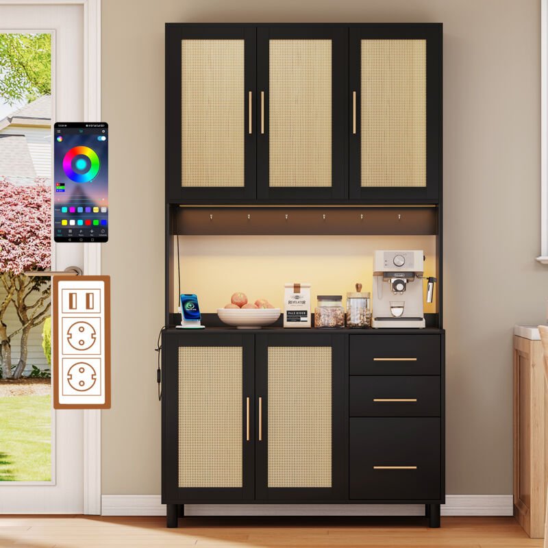 Küchenbuffet 183cm mit LED-Beleuchtung, Steckdose+USB-Anschlüssen und verstellbaren Regalen, 5 Türen, 3 Schubladen, Schw...