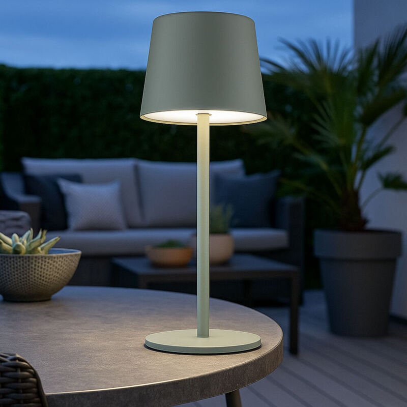 LED Tischleuchte Außenbereich Akku Metall blassgrün CCT Touchdimmer IP44 H 28 cm