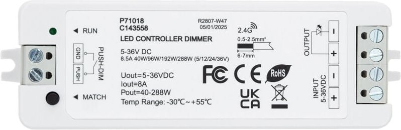 Thumbnail - Efectoled - Controller Dimmer LED-Streifen Einfarbig 5/12/24/36V dc kompatibel mit RF-Fernbedienung und Schalter Weiß