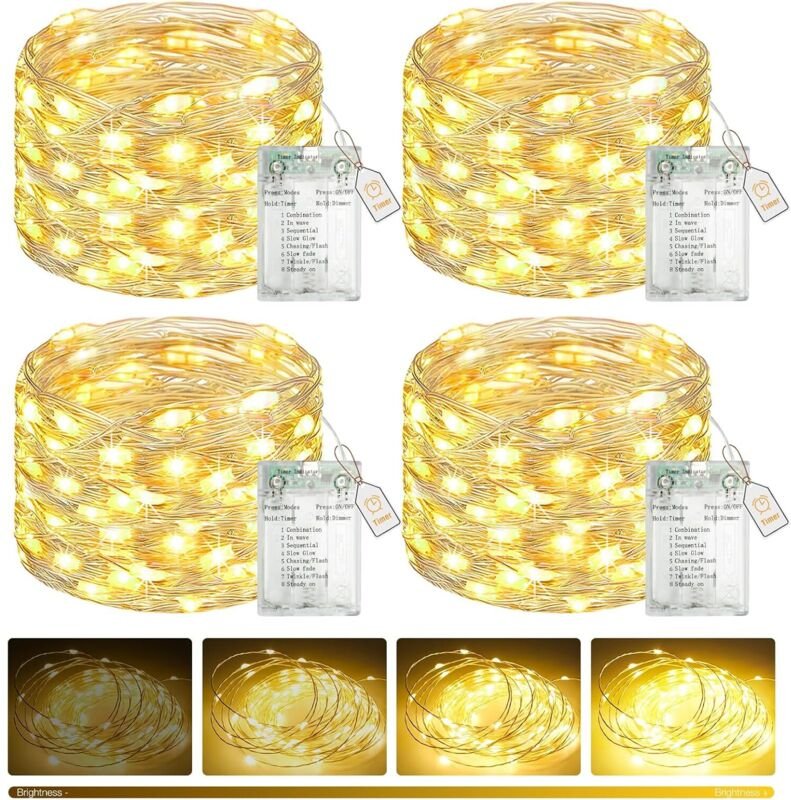 btfarm 4er-Pack 50 LED-Lichterkette – 5 m – Mit Timer – Dimmbar – 8 Modi – Wasserdicht – Batteriebetrieben – USB-Anschlu...