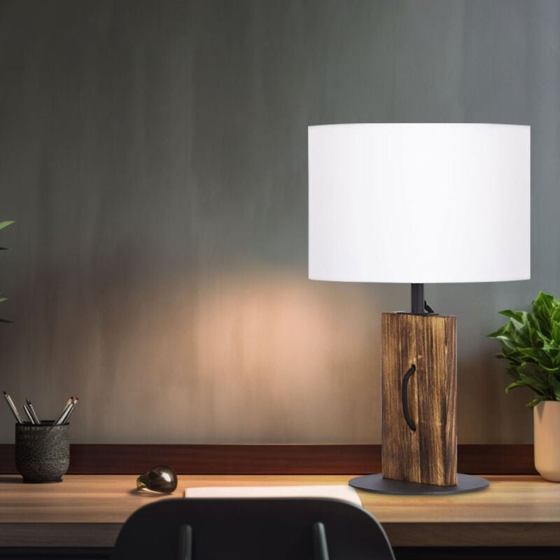 Tischlampe Tischleuchte Leselampe Schlafzimmerleuchte, Pinienholz Textilschirm weiß Landhaus, 1x E27 Fassung, DxH 25x40,...