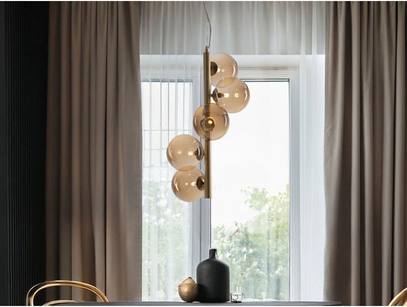 Pendelleuchte HONEY 5-flammig Gold-Glaskugeln Bernsteinfarbig, Höhe 183cm