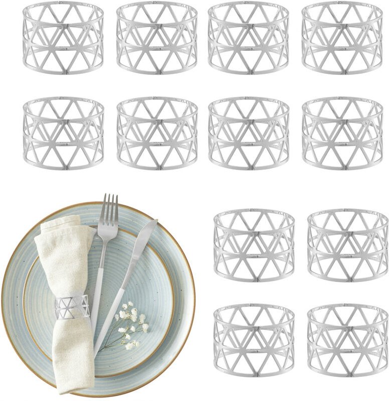 Serviettenringe, 12er Set, geometrisch, HxD: 3x4,5 cm, Serviettenhalter, Papier- und Stoffservietten, silber - Relaxdays