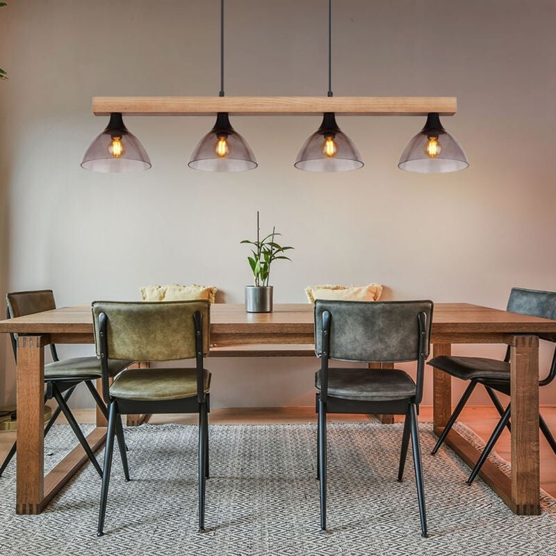 Pendelleuchte Holzlampe Hängelampe, Höhenverstellbar 4 flammig, Holzbalken Rauchglas Metall Schwarz-matt, 4x E14 Fassung...