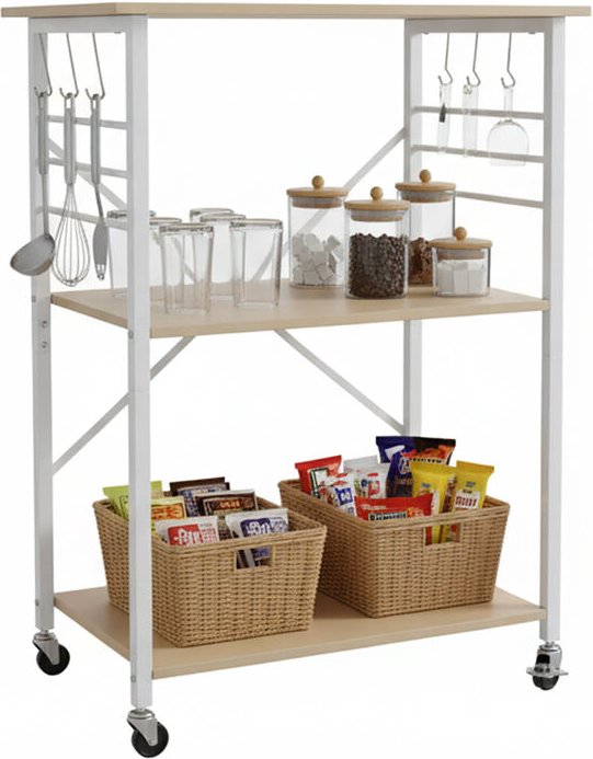 Relaxdays Küchenwagen, 3 Ebenen, mit 6 Haken, Metall, Rollwagen Küche, Haushalt & Büro, HBT: 89x60x40 cm, natur-weiß