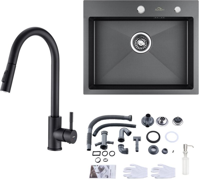 Edelstahl Küchenspüle 55 x 45 cm Einbauspüle für ab 60 cm Unterschrank, Dunkelgrau + Hochdruck Schwarz Küchenarmatur