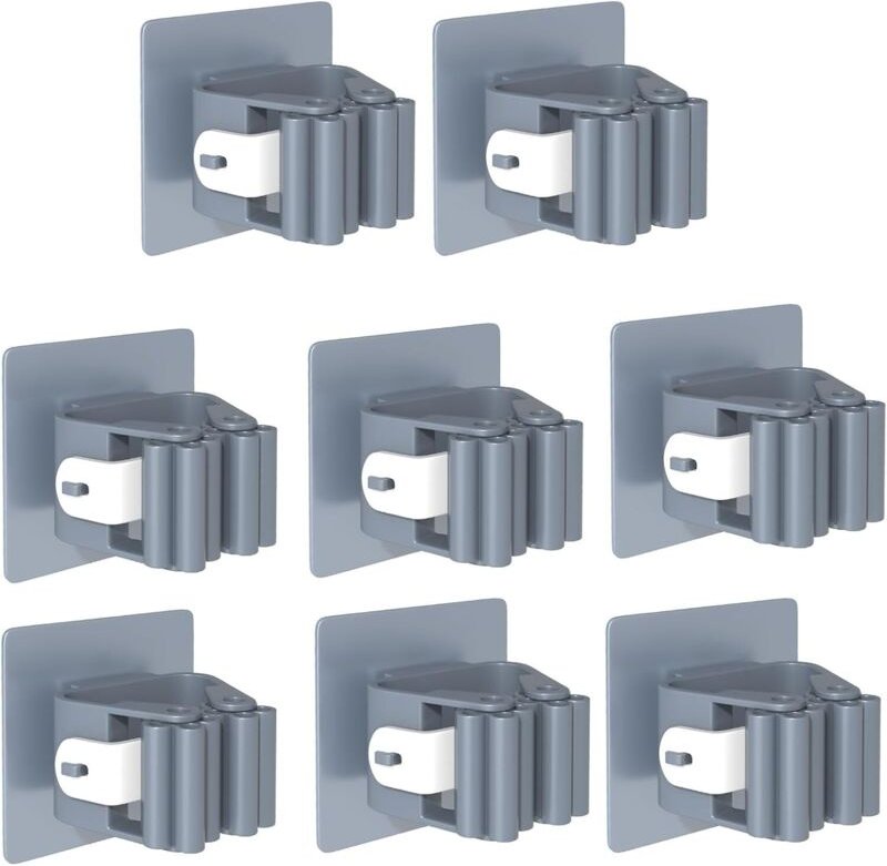 8 selbstklebende Besenhalter – grau – Küche/Bad/Garten – für Mopp/Besen – kein Bohren erforderlich