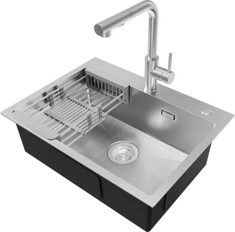 CECIPA MAX Küchenspülen-Sets, 60 × 45 cm Einzelbecken Edelstahl-Küchenspüle mit ausziehbarer Küchenarmatur, Abflusskorb,...