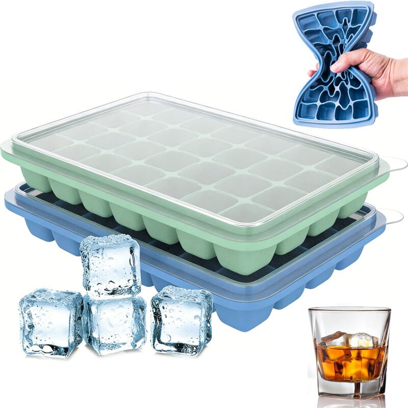 2er‑Set Silikon‑Eiswürfelformen mit Deckel – 56 quadratische Eiswürfel, BPA‑frei, Grün & Blau