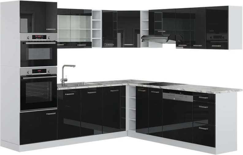 Vicco - Einbauküche in L-Form R-Line, Schwarz Hochglanz, 237 x 60 cm , ap Marmor