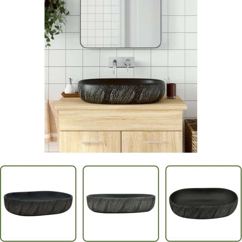 vidaXL Schwarz Waschbecken - Aufsatzwaschbecken Schwarz Oval 59x40x14 cm Keramik