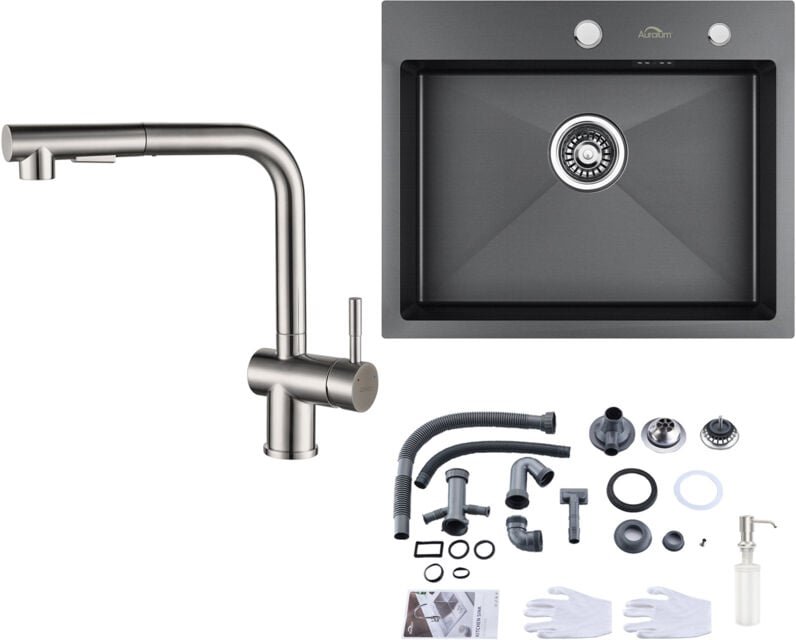 Edelstahl Küchenspüle Einbauspüle 55 × 45 cm, Dunkelgrau+ Gebürstet Hochdruck ausziehbar Küchenarmatur