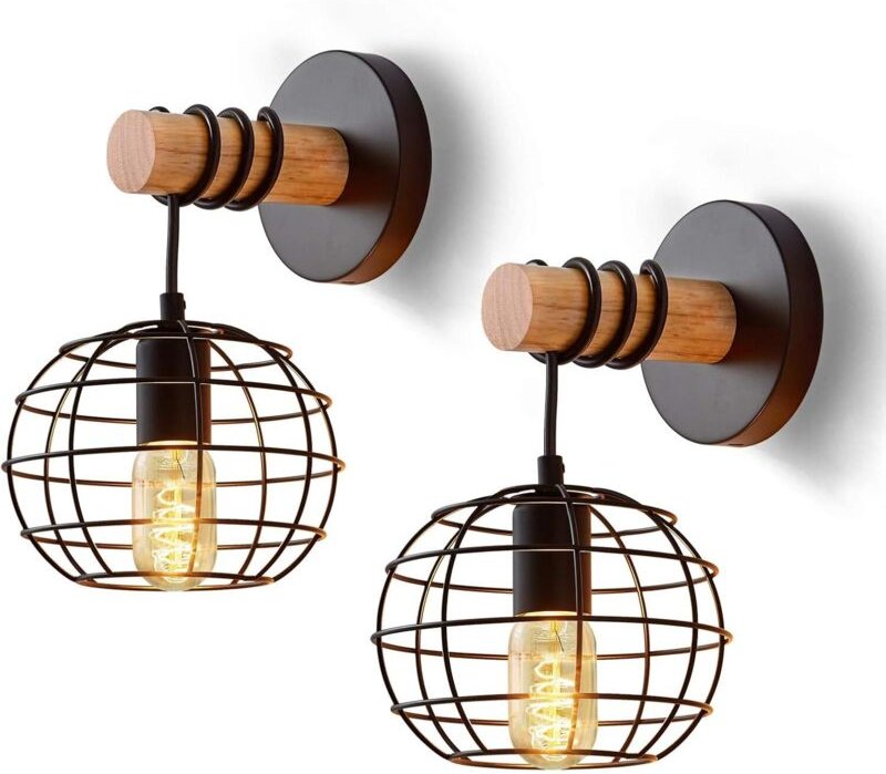 2pcs Applique Murale Rond Intérieur Industriel en Métal et Bois, Vintage Éclairage Mural Cage E27, Luminaire Murale Max ...