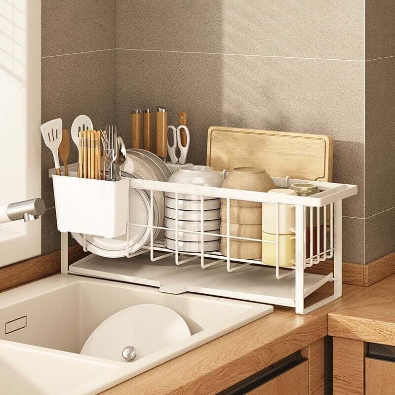 Doppelwandiger Abtropfkorb aus Edelstahl für Küchenarbeitsplatten mit Besteckhalter