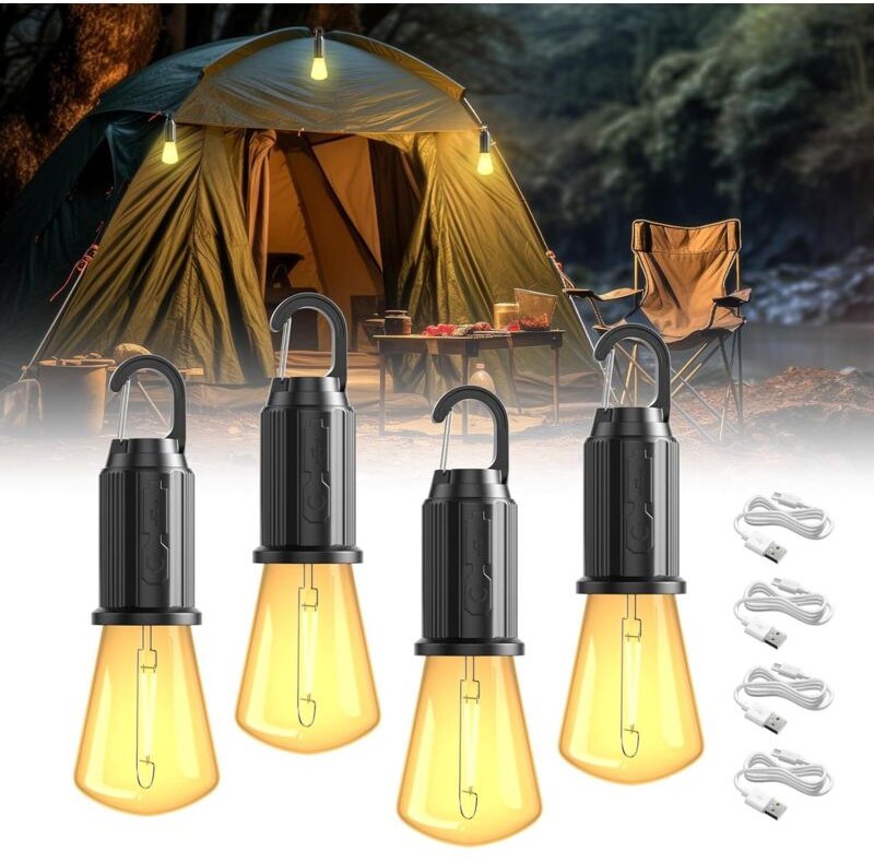 Set mit 4 wiederaufladbaren LED-Campinglaternen, Schutzart IP65, 3 Helligkeitsstufen, ideal für Camping, Wandern und Not...
