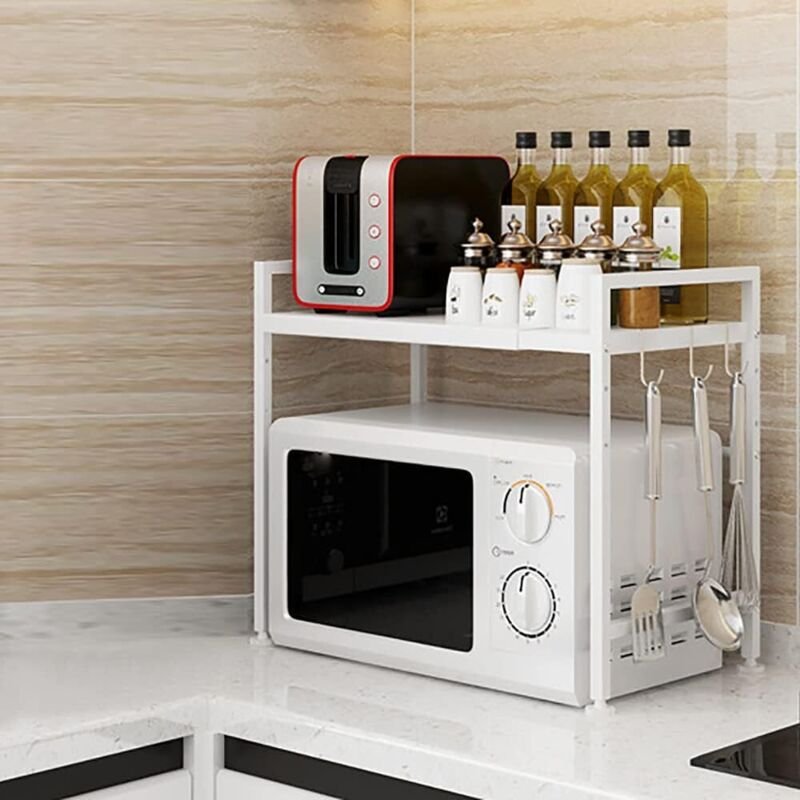 2-stöckiger Halter für Mikrowellenherd mit 3 Haken, Edelstahl, weiß, 16,9 x 12,7 x 18,8 Zoll