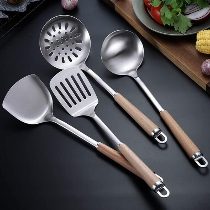 4-teiliges Küchenutensilienset aus Edelstahl 304, Spatel, Schöpfkelle, Sieb und Pfannenwender mit langem, hitzebeständig...
