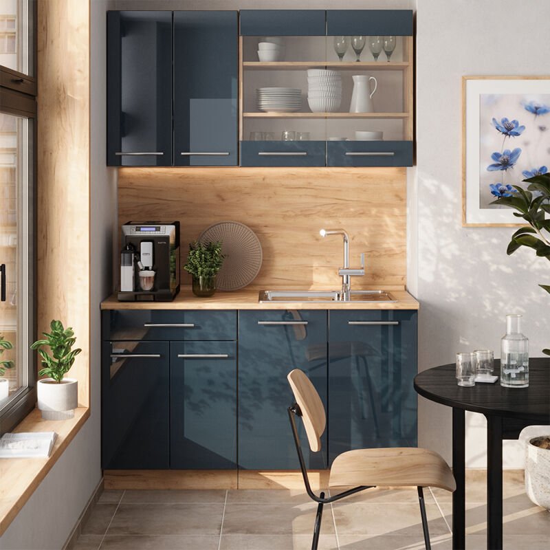 Vicco - Singleküche Fame-Line, Dunkelblau Hochglanz/Goldkraft Eiche, 140 cm ohne Arbeitsplatte