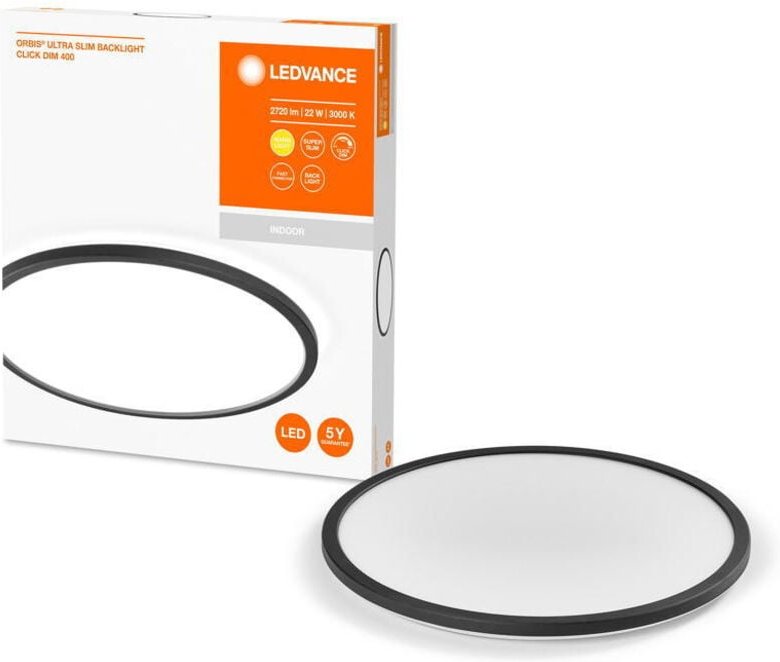 Orbis Ultra Slim Deckenleuchte 400mm, schwarz, 22W, 2720lm, homogenes, warmweißes Licht (3000K) + Hintergrundlicht, drei...