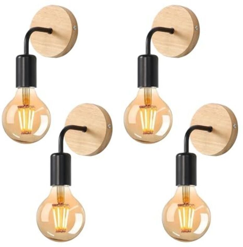 4 Stück Wandlampe aus Holz, Industrielle Wandleuchten für den Innenbereich, E27 Vintage Innenbeleuchtung für Schlafzimme...