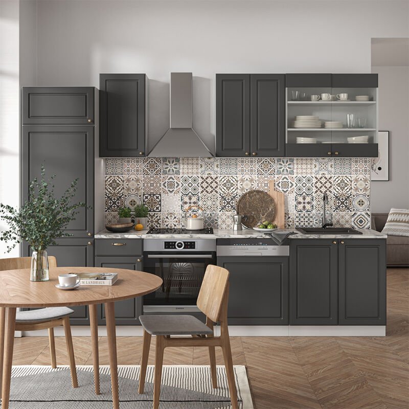 Vicco - Küchenzeile Fame-Line, Anthrazit-Gold/Weiß, 300 cm ohne Arbeitsplatte