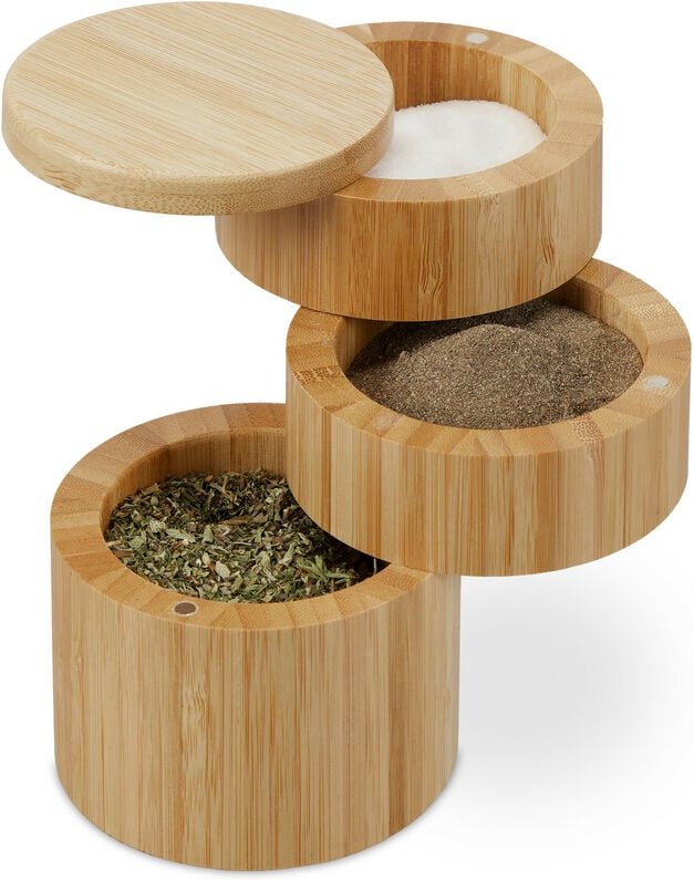 Relaxdays - Salzbehälter mit Deckel, 3 Fächer, Bambus, drehbarer Gewürzbehälter, HxD: 13 x 9 cm, Magnetverschluss, natur