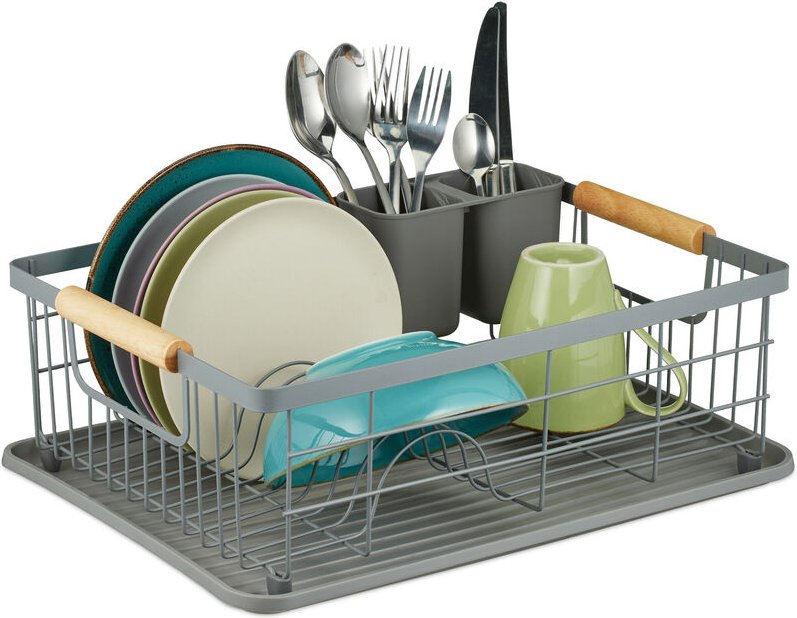 Abtropfgestell mit Besteckkorb & Abtropfschale, Geschirrständer Küche, Abtropfgitter Kunststoff, Metall, grau - Relaxday...