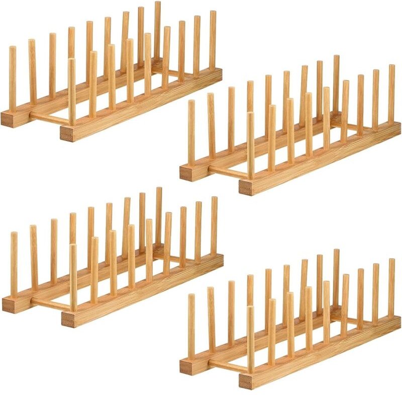 Thumbnail - 4-teiliges Set aus Bambus-Tellerablagen, Abtropfgestell aus Holz, Deckelhalter, Ablage für Töpfe, Tassen, Bücher, CDs, 8...