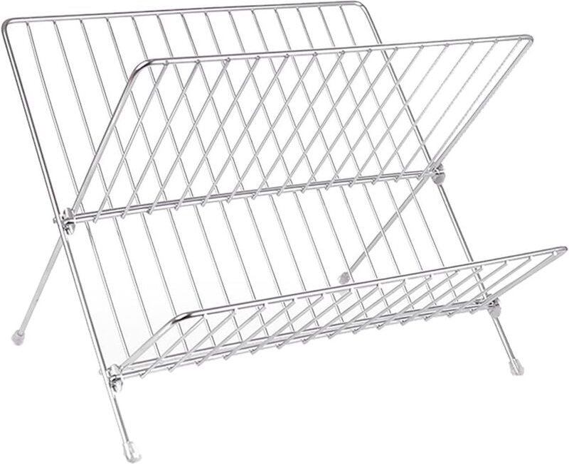 Abtropfgestell. Zusammenklappbare, X-förmige, zweistufige, minimalistische Geschirrkörbe aus Edelstahl mit großem Fassun...