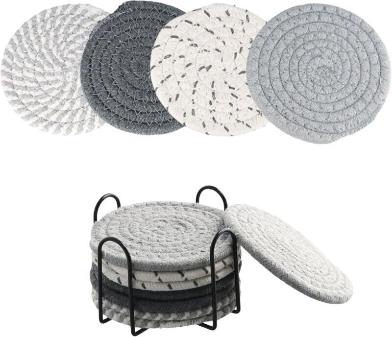 Set mit 8 Untersetzern mit Halter, saugfähige Baumwolluntersetzer, runde geflochtene Untersetzer, Untersetzer im Boho-St...
