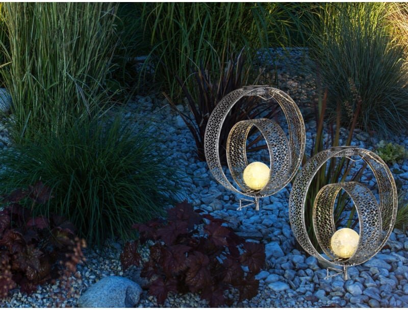 2er Set LED Solarleuchten Dekorstanzungen in Silber & Glaskugel, H 42cm